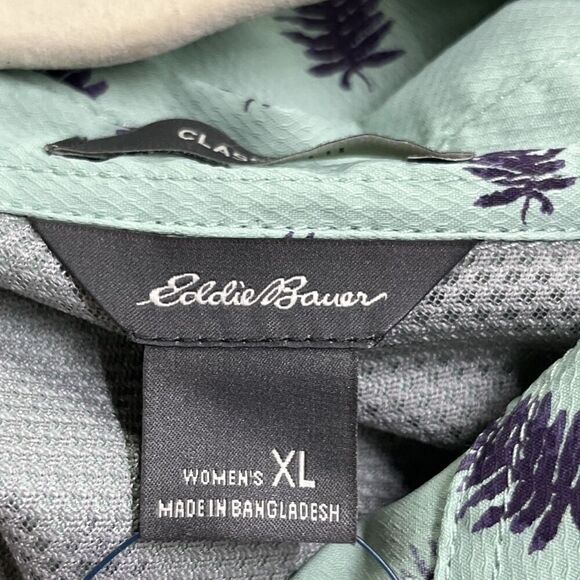 Eddie Bauer Adventurer 3.0 Green Leaf Print Blouse RollTab Button XL Outdoor New - Picture 7 of 15